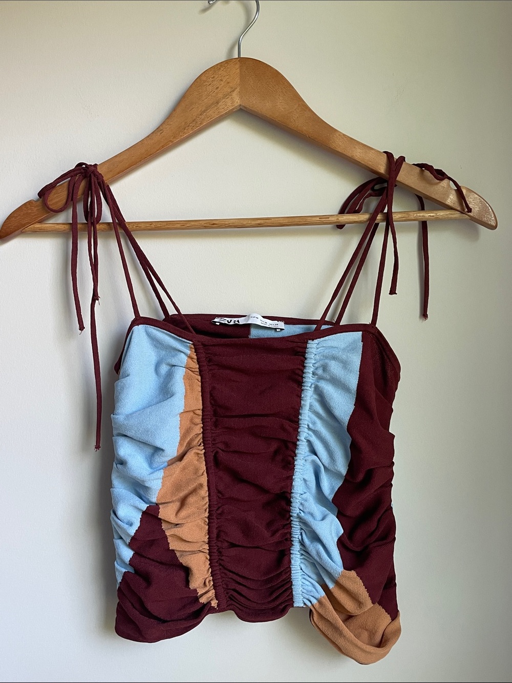 Zara Scrunchy Tank Top Tie Straps Burgundy Blue Tan